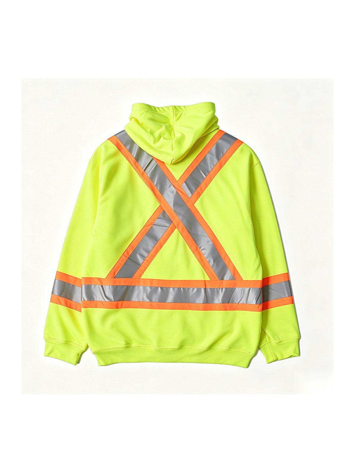 Hi-vis yellow hoodie, back view with X-back reflective tape