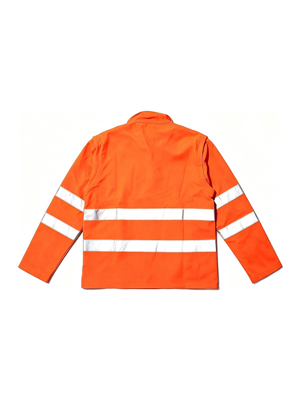 Hi-vis orange softshell jacket, back view with two-band reflective layout