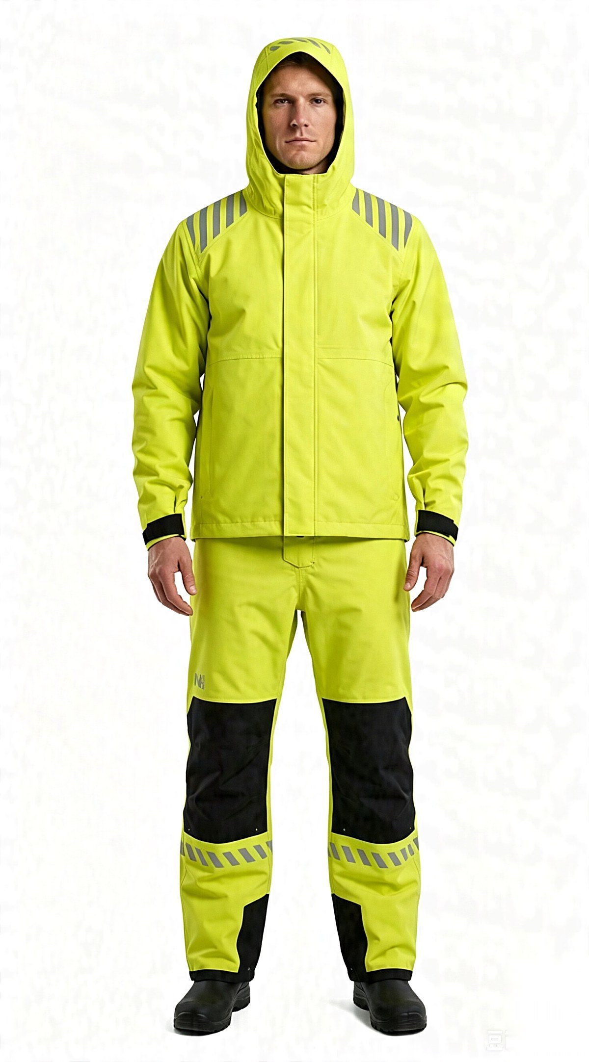 Full rain set, studio front view with hood up