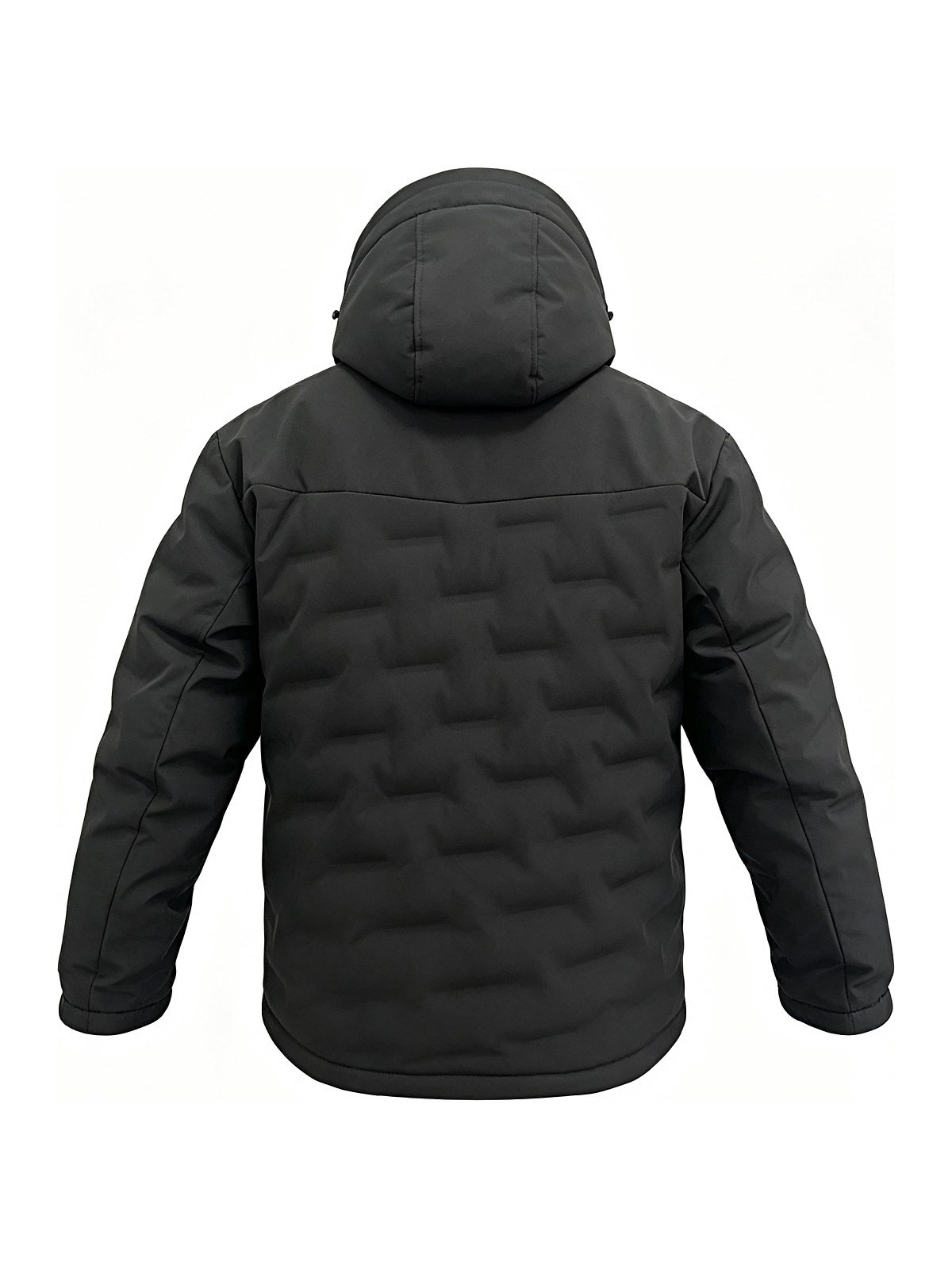 Hybrid work jacket, back view with channel-quilted lower panel
