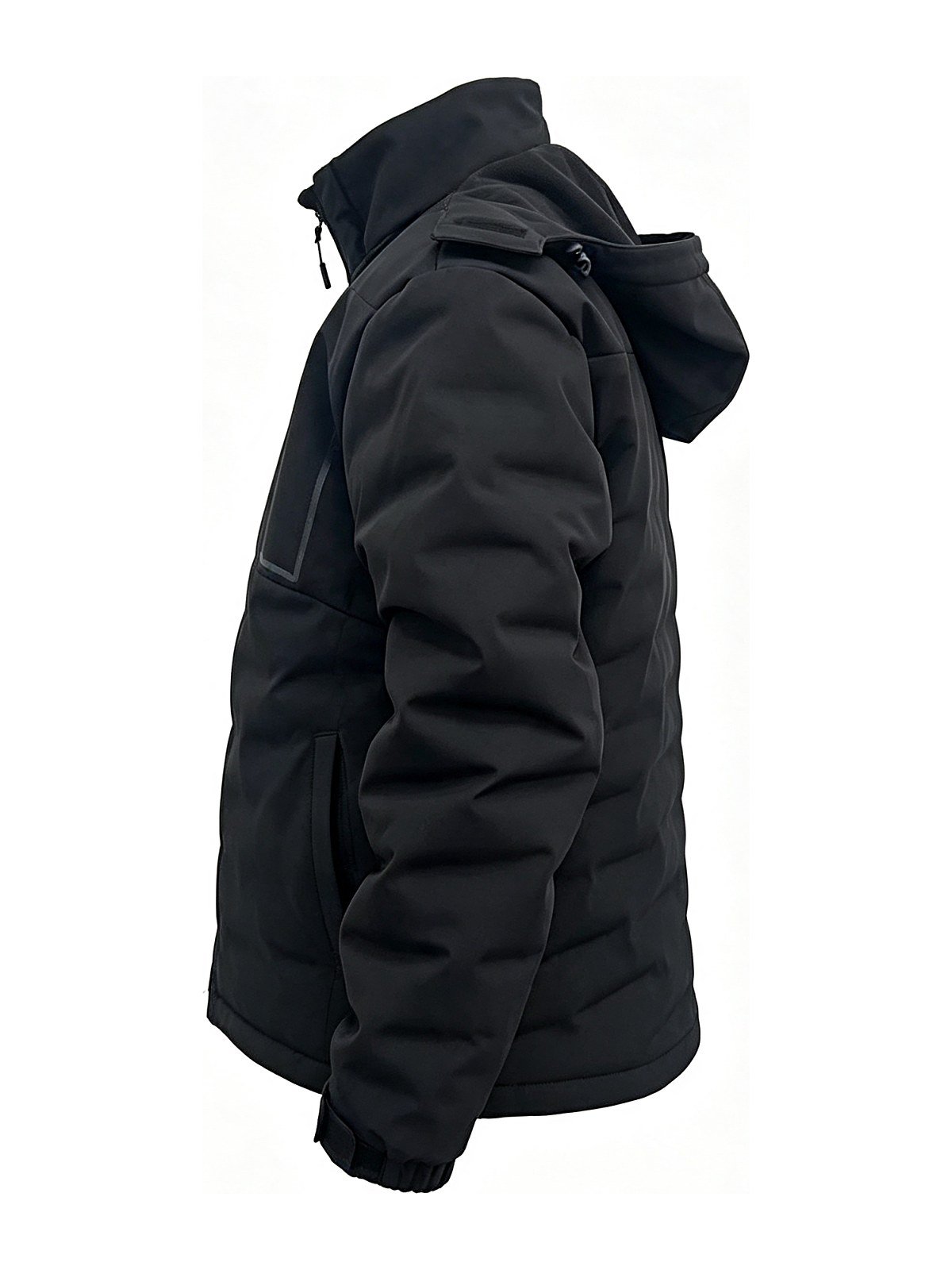 Hybrid work jacket, side view showing two-fabric construction